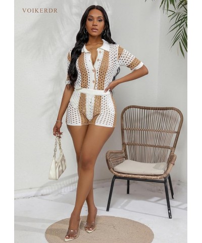 Women 2 Piece Outfits Knitted Shorts Set Beach Vacation Outfits Short Sleeve Shirt and Shorts Summer Sets Khaki $19.80 Jumpsuits