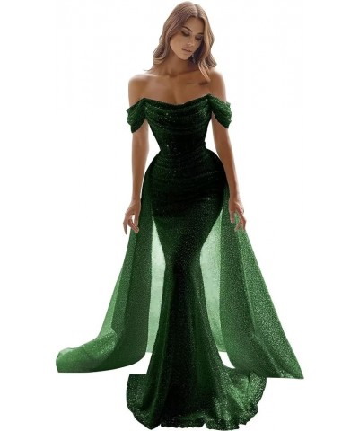 Sparkly Sequin Mermaid Prom Dresses for Women Long Off Shoulder Formal Evening Party Gown with Detachable Train Emerald Green...