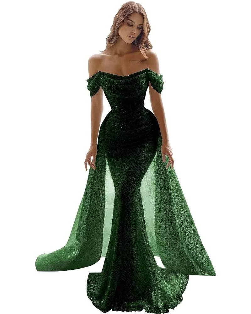 Sparkly Sequin Mermaid Prom Dresses for Women Long Off Shoulder Formal Evening Party Gown with Detachable Train Emerald Green...