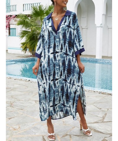 Women Turkish Kaftan Lightweight Long Cover Up Caftan Beach Wear Maxi Dress Blue 23041 $14.19 Swimsuits