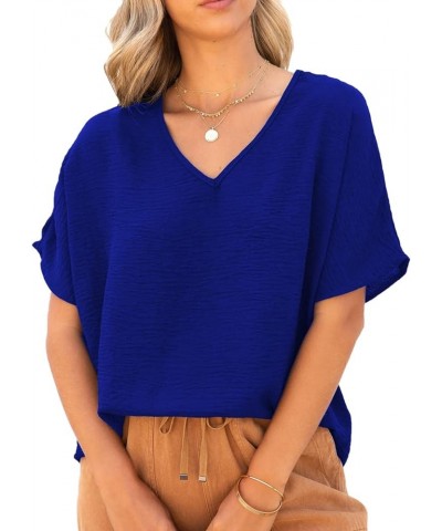 Women Summer Casual V Neck Textured Blouses Loose Short Sleeve Tops Royal Blue $12.95 Blouses