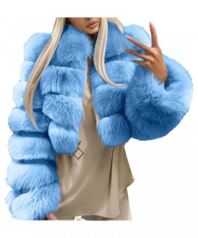 Womens Faux Fur Coat Jacket Solid Long Sleeve Shaggy Jacket Warm Winter Long Sleeve Crop Tops Lapel Zipper Outwear Light Blue...