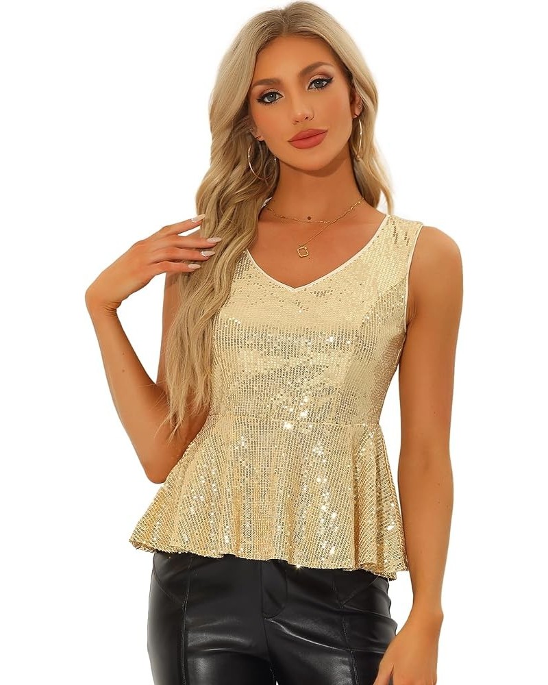 Women's Sparkle Sequin Tops Sexy Sleeveless V Neck Peplum Club Party Tank Top Gold $15.67 Blouses