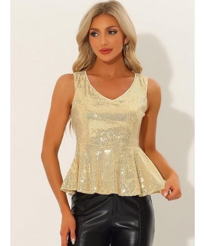 Women's Sparkle Sequin Tops Sexy Sleeveless V Neck Peplum Club Party Tank Top Gold $15.67 Blouses