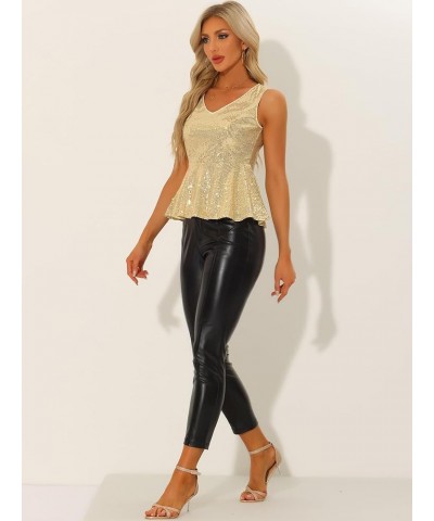 Women's Sparkle Sequin Tops Sexy Sleeveless V Neck Peplum Club Party Tank Top Gold $15.67 Blouses