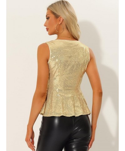 Women's Sparkle Sequin Tops Sexy Sleeveless V Neck Peplum Club Party Tank Top Gold $15.67 Blouses