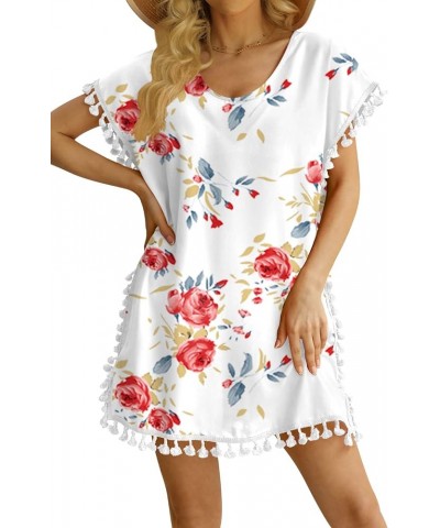 Women Chiffon Tassel Swimsuit Cover Up Beach Coverups for Swimwear Rose White $14.08 Swimsuits