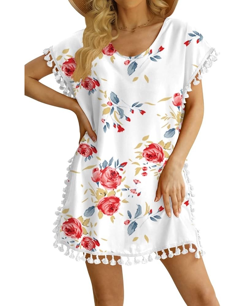 Women Chiffon Tassel Swimsuit Cover Up Beach Coverups for Swimwear Rose White $14.08 Swimsuits