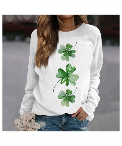 St Patricks Day Womens Sweatshirt 2024 Causal Long Sleeve Crewneck Pullover Cute Four Leaf Clover Print Shirts C-white $10.59...