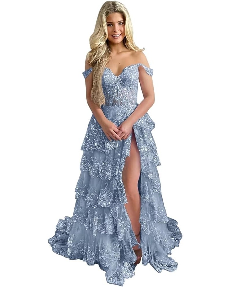 Long Lace Tulle Tiered Prom Dress Sparkly Off Shoulder Corset Formal Dresses Evening Party Gowns with Slit Dusty Blue $48.30 ...