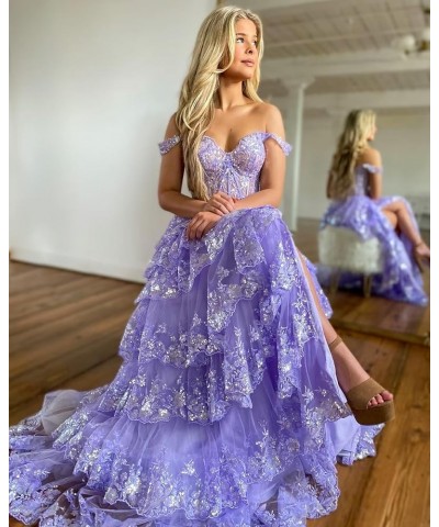 Long Lace Tulle Tiered Prom Dress Sparkly Off Shoulder Corset Formal Dresses Evening Party Gowns with Slit Dusty Blue $48.30 ...