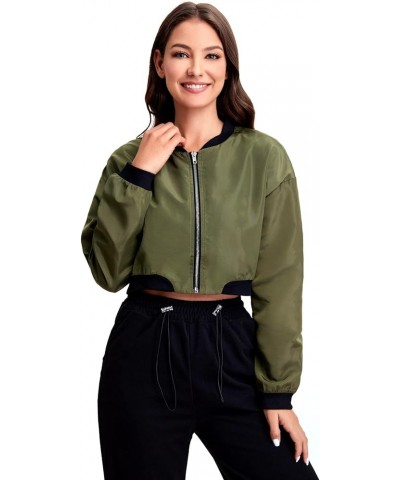 Women's Long Sleeve lightweight Crop Bomber Jacket Army Green $14.28 Jackets