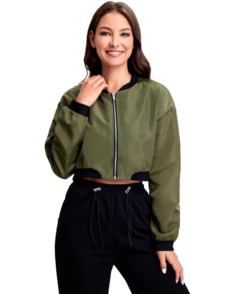 Women's Long Sleeve lightweight Crop Bomber Jacket Army Green $14.28 Jackets