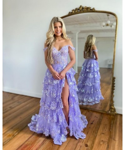 Long Lace Tulle Tiered Prom Dress Sparkly Off Shoulder Corset Formal Dresses Evening Party Gowns with Slit Dusty Blue $48.30 ...