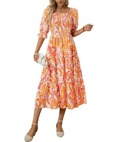 Women's Square Neck Tiered Long Dress Short Sleeve High Waist Smocked Midi Dress 2-orange $30.77 Dresses