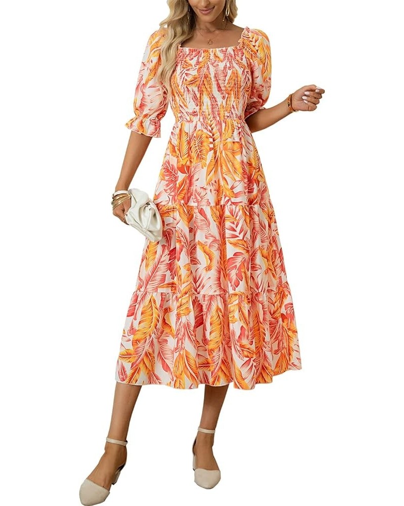 Women's Square Neck Tiered Long Dress Short Sleeve High Waist Smocked Midi Dress 2-orange $30.77 Dresses