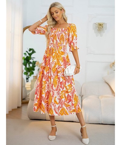 Women's Square Neck Tiered Long Dress Short Sleeve High Waist Smocked Midi Dress 2-orange $30.77 Dresses