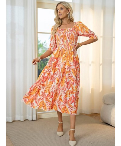 Women's Square Neck Tiered Long Dress Short Sleeve High Waist Smocked Midi Dress 2-orange $30.77 Dresses