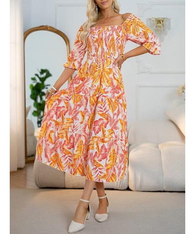 Women's Square Neck Tiered Long Dress Short Sleeve High Waist Smocked Midi Dress 2-orange $30.77 Dresses