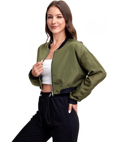 Women's Long Sleeve lightweight Crop Bomber Jacket Army Green $14.28 Jackets