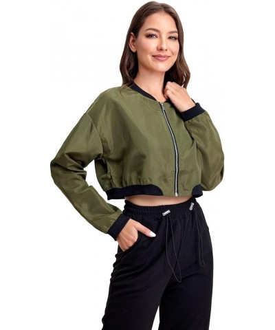 Women's Long Sleeve lightweight Crop Bomber Jacket Army Green $14.28 Jackets