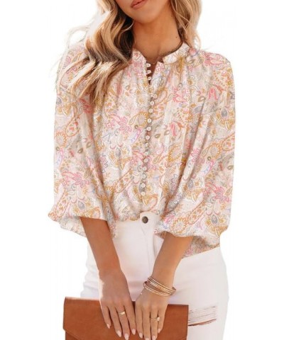 Women's Tops Casual V Neck Lantern Long Sleeve Boho Floral Print Button Down Shirts Chiffon Blouses B Grapefruit Orange $17.4...