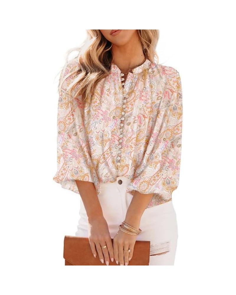 Women's Tops Casual V Neck Lantern Long Sleeve Boho Floral Print Button Down Shirts Chiffon Blouses B Grapefruit Orange $17.4...