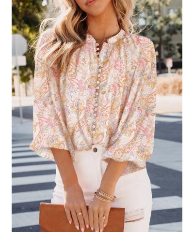 Women's Tops Casual V Neck Lantern Long Sleeve Boho Floral Print Button Down Shirts Chiffon Blouses B Grapefruit Orange $17.4...