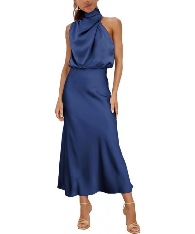 Womens Mock Neck Satin Elastic High Waist Wedding Guest Evening Cocktail Party Elegant Formal Maxi Dress Navy $10.21 Dresses