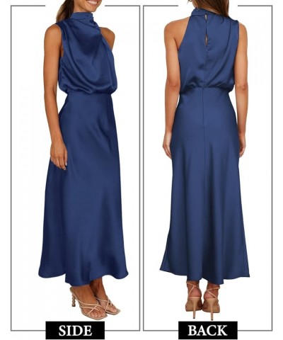 Womens Mock Neck Satin Elastic High Waist Wedding Guest Evening Cocktail Party Elegant Formal Maxi Dress Navy $10.21 Dresses