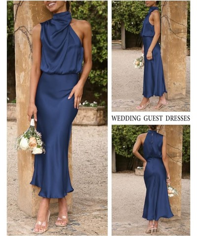 Womens Mock Neck Satin Elastic High Waist Wedding Guest Evening Cocktail Party Elegant Formal Maxi Dress Navy $10.21 Dresses