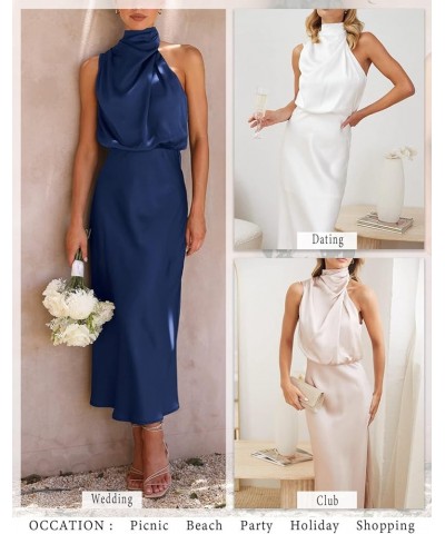 Womens Mock Neck Satin Elastic High Waist Wedding Guest Evening Cocktail Party Elegant Formal Maxi Dress Navy $10.21 Dresses