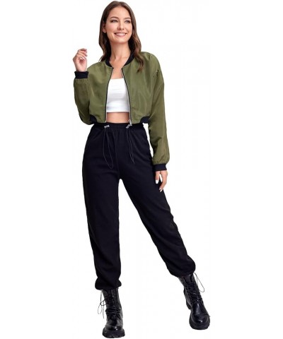 Women's Long Sleeve lightweight Crop Bomber Jacket Army Green $14.28 Jackets