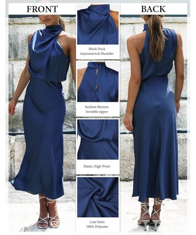 Womens Mock Neck Satin Elastic High Waist Wedding Guest Evening Cocktail Party Elegant Formal Maxi Dress Navy $10.21 Dresses