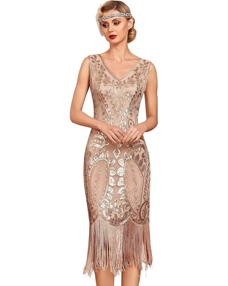 Women's Flapper Dress Paisley Sequin Beaded Fringed 1920s Style Dress Art Deco Vintage Gatsby Dress Rose Gold $29.25 Others