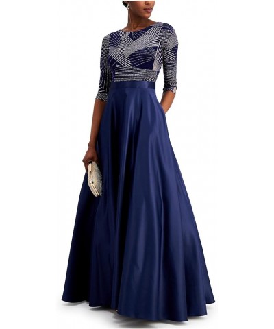 Long 3/4 Sleeve Glitter Satin Ballgown Navy/Rose $44.07 Dresses