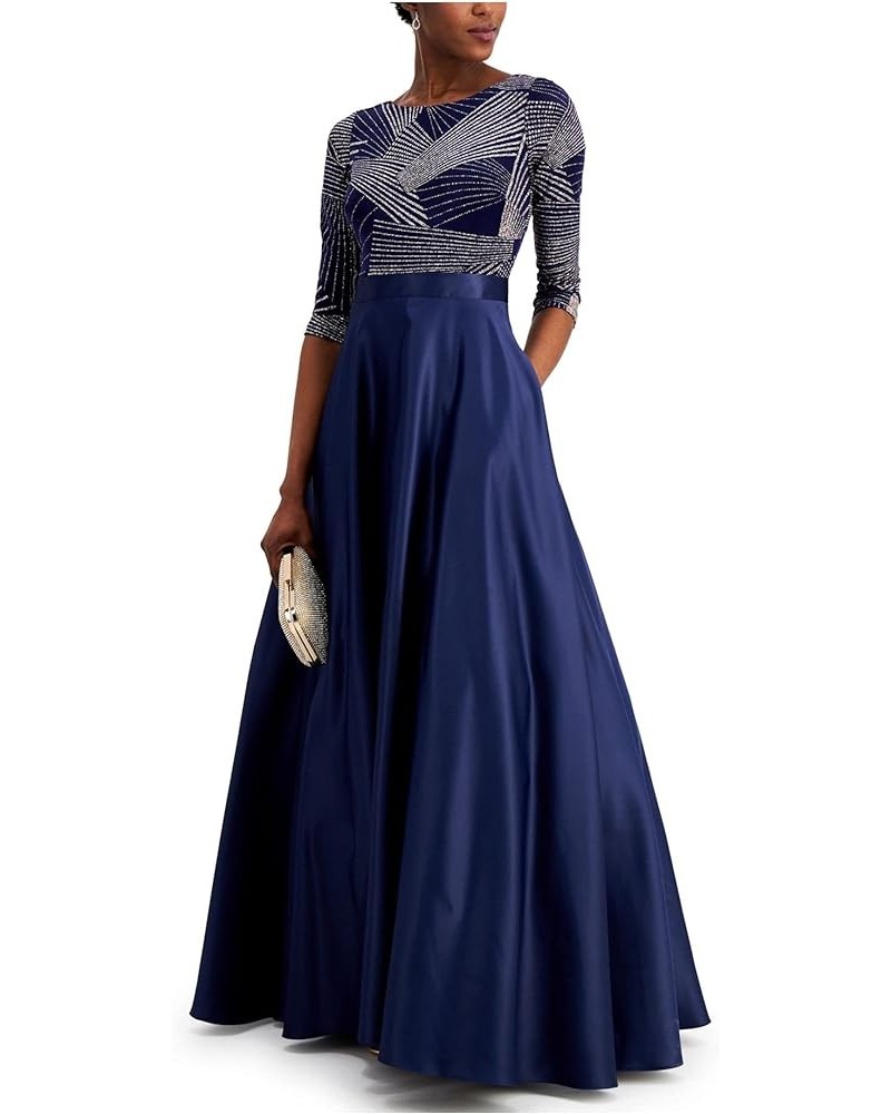 Long 3/4 Sleeve Glitter Satin Ballgown Navy/Rose $44.07 Dresses