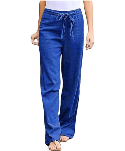 Cotton Linen Summer Pants for Women Casual Lightweight Plus Size Drawstring Wide Leg Pant Loose Fit Lounge Trousers 07 Blue $...