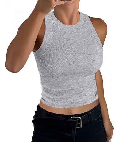 Womens High Neck Racerback Ribbed Crop Top Sleeveless Fitted Basic Cotton Cropped Tank Top Layers Heather Grey $12.50 Tanks