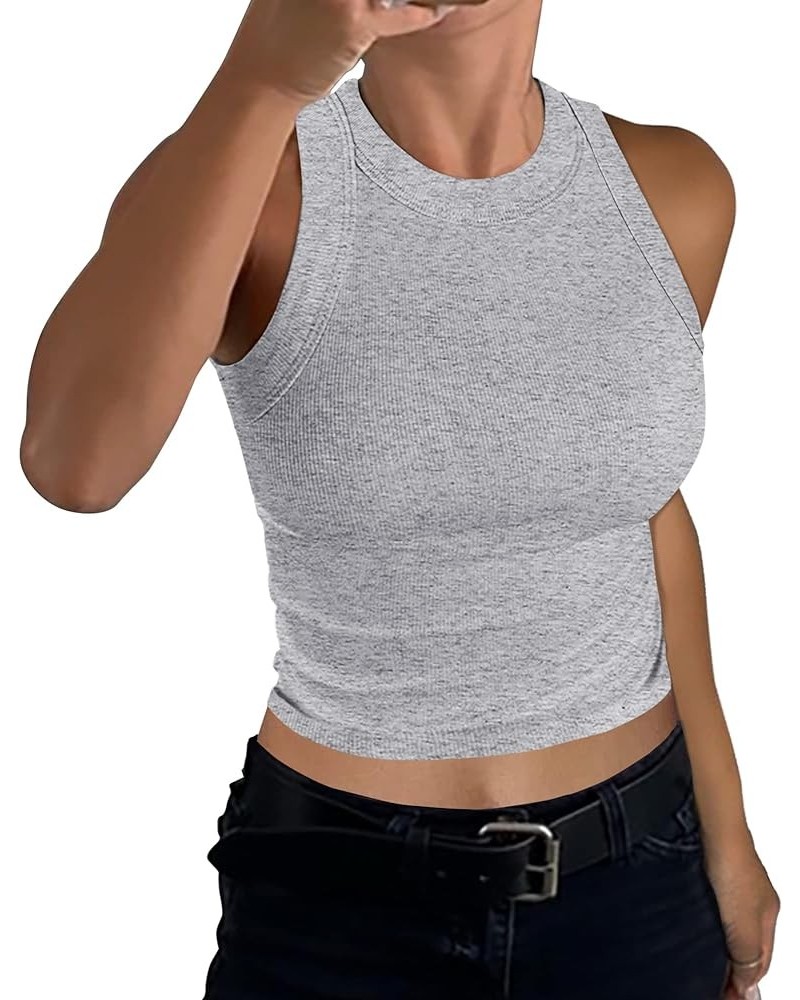 Womens High Neck Racerback Ribbed Crop Top Sleeveless Fitted Basic Cotton Cropped Tank Top Layers Heather Grey $12.50 Tanks