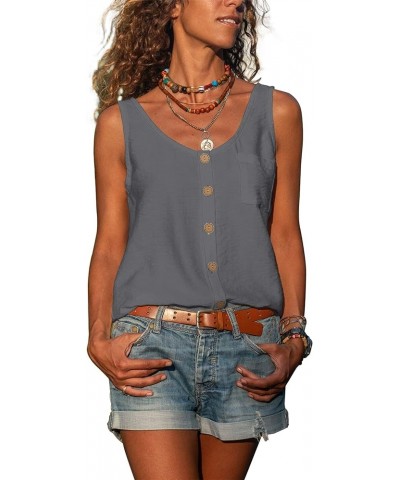 Women's Button Down Tank Tops Scoop Neck Sleeveless T Shirts Blouses Loose Fit with Pocket Dark Gray $12.47 Tanks