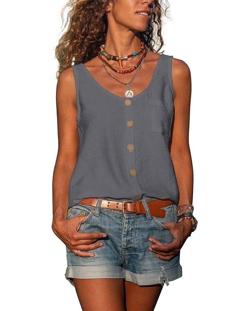 Women's Button Down Tank Tops Scoop Neck Sleeveless T Shirts Blouses Loose Fit with Pocket Dark Gray $12.47 Tanks