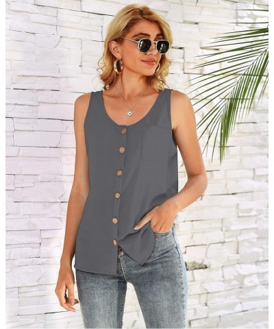 Women's Button Down Tank Tops Scoop Neck Sleeveless T Shirts Blouses Loose Fit with Pocket Dark Gray $12.47 Tanks