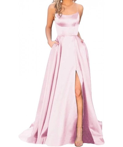 Split Formal Evening Gowns Spaghetti Straps Satin Prom Dresses Long with Pockets Womens Pink $24.20 Dresses