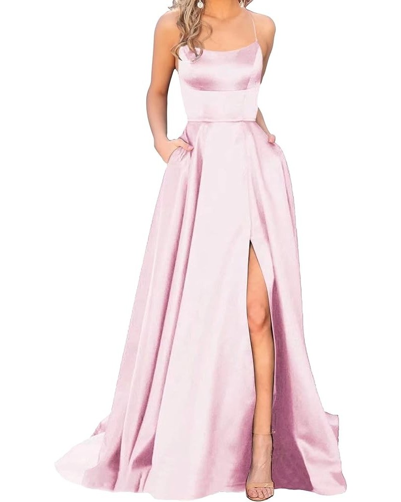 Split Formal Evening Gowns Spaghetti Straps Satin Prom Dresses Long with Pockets Womens Pink $24.20 Dresses