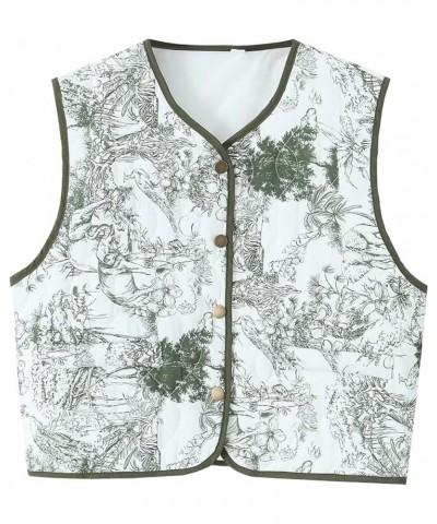 Women's Cropped Puffer Vest Vintage Floral Print Button Down Lightweight Sleeveless Jacket 07green $13.76 Vests