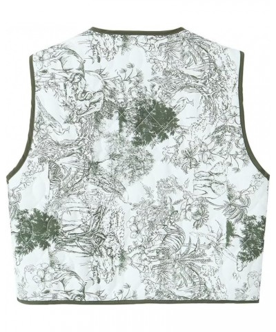 Women's Cropped Puffer Vest Vintage Floral Print Button Down Lightweight Sleeveless Jacket 07green $13.76 Vests