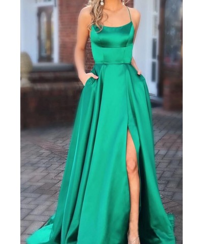 Split Formal Evening Gowns Spaghetti Straps Satin Prom Dresses Long with Pockets Womens Pink $24.20 Dresses