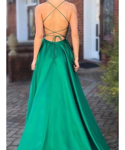 Split Formal Evening Gowns Spaghetti Straps Satin Prom Dresses Long with Pockets Womens Pink $24.20 Dresses