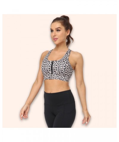 Molded Cup Sports Bras Zipper in Front Workout Bra Medium Impact High Support Zip Running Bra Yoga Workout Top Molded-leopard...